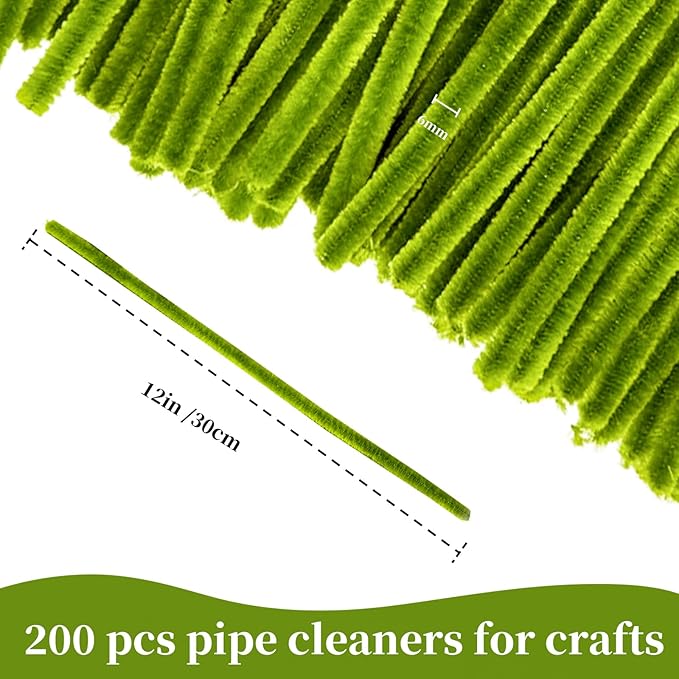 Moss Green Pipe Cleaner Craft Bulk,Thick Fuzzy Chenille Stem Pipe Cleaners for DIY Craft Projects and Decorations,200PCS Chenille Stems,Art and Craft Supplies,Saint Patrick's Day/Christmas Decor