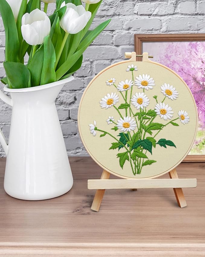 ERKOON Embroidery Kit for Beginners, Flower Cross Stitch Set Include Embroidery Cloth Hoops Threads for Craft Lover Hand Stitch with Embroidery Skill Techniques (Daisy)