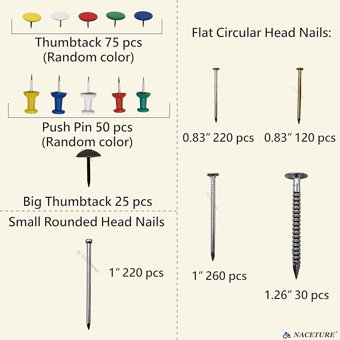 1000 Pcs Wall Nail Assortment Kit - Includes Push Pins for Bulletin Board, Classic Nails, Retro-Style Nails, and Thumb Tacks - Perfect for Wall Hanging, Art Display, and Home DIY Projects