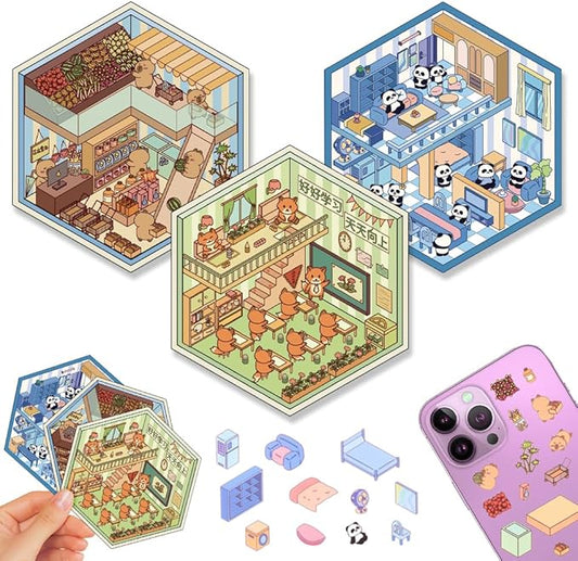 Scrapbooking Supplies Kit,DIY 3D Stickers Scene,3 Set Funny DIY Sticker Scenes,Make Your Own Cute 3D Miniature Room Scene Stickers for Adults Relief Stress Pass The Time.14-15-16