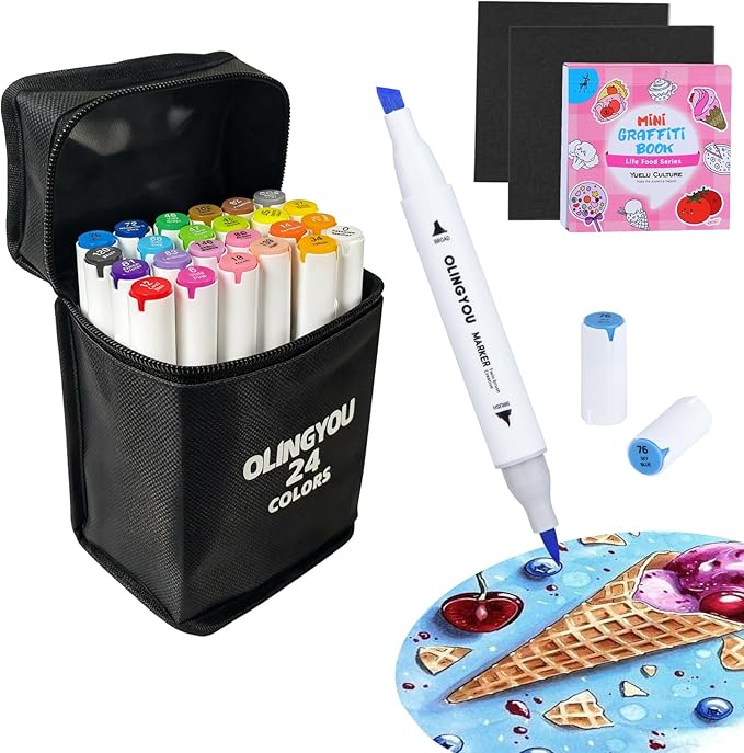 Coloring Marker,24 Colors Fine & Chisel Dual Tip Marker Set,Permanent Art Markers for for Adult Coloring Books,Alcohol Markers Stocking Stuffers(White Barrel)