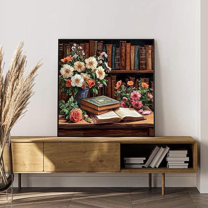 Paint by Numbers Kit for Adults Beginner Book, Adult Paint by Number Kits on Canvas, Bookshelf DIY Acrylic Oil Painting by Numbers for Adults, Flower for Home Wall Decor 16X16 Inch