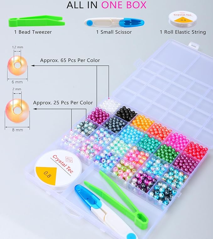 HINSOCHA Beads Bracelet Making Kit - 1020Pcs 6mm and 8mm Pearl-Like Beads for Jewelry Making, Gifts for Kids & Adults - Vibrant+Gradient