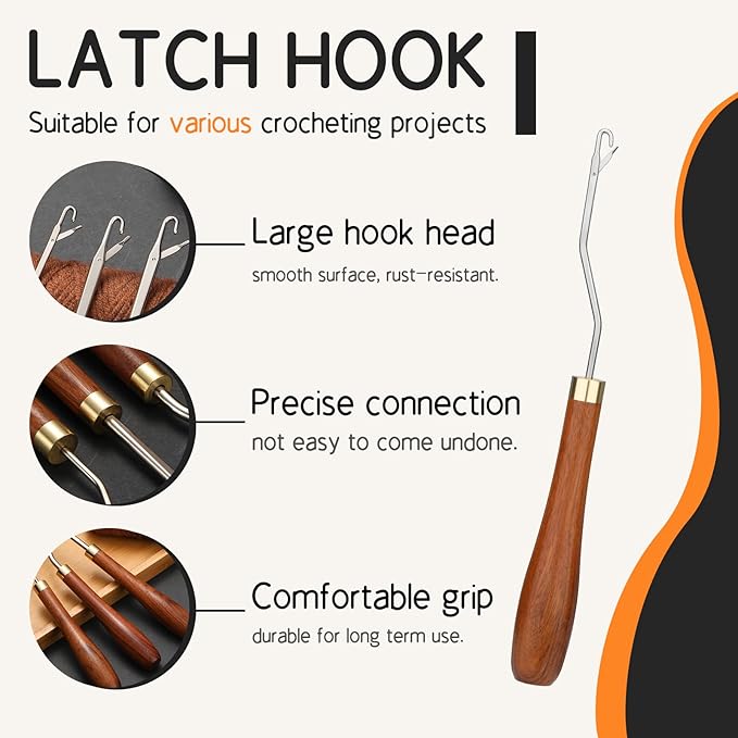 Giwrmu Latch Hook Tool, Wooden Bent Latch Hooks, Small Latch Hook Crochet Needle for Carpet Making, Hair Extension and Yarn Craft