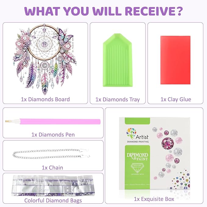 MEIYUDA Dreamcatcher Diamond Art Hanging Kits for Adult, Pink Dreamcatcher Diamond Painting Hanging Kits Ornaments, DIY Special Shaped Rhinestone Window Pendants kit for Home Garden Wall Decor Gift