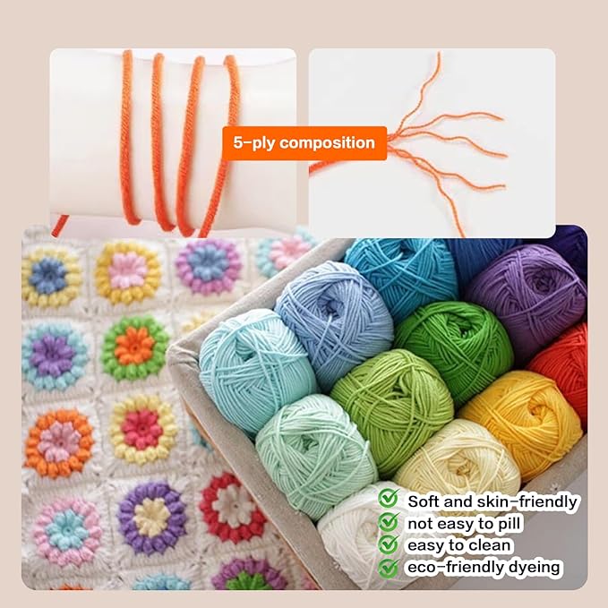 Caddice Comfy Blend Milk Wool Plain Knitting & Crochet Yarn Bulk Starter Kit for Colorful Craft DIY Handcrafts