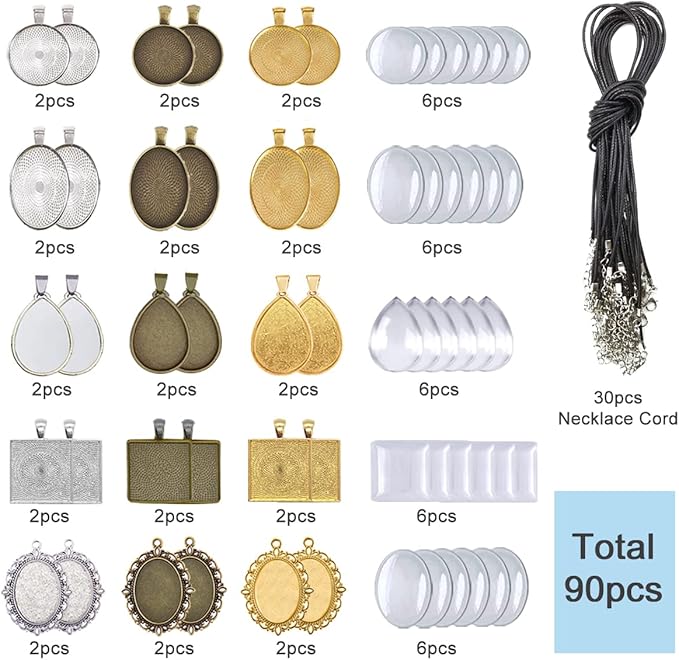 J6QIHANG Pendant Trays Kit for DIY Jewelry Craft Making, Including Round Pendant Bezel Blank Trays Glass Cabochons Waxed Necklace Cords for Photo Cameo Jewelry Making