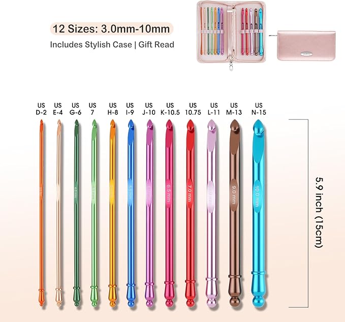 Guclud Inline Crochet Hook Set - 12PCS Ergonomic Extra Long Aluminum Hooks (3-10mm) with Grip Handles for Arthritic Hands, Complete Crochet Kit for Beginners with Storage Case