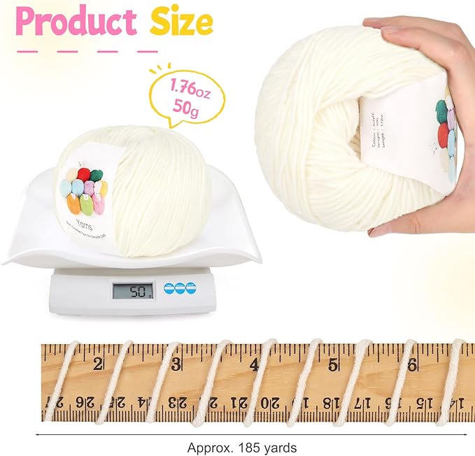 katech cotton yarn for crocheting-55% cotton 45% acrylic-4 medium (worsted)-super soft milk cotton yarn-great crochet and knitting starter kit for colorful craft（white）