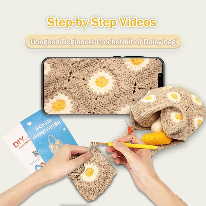 Uongeod Crochet Kit for Beginners Daisy Tote Bag DIY Granny Square Knitting Kits of Daisy Tote Bag with Step-by-Step Video Tutorials Crochet Kit Beginners for Adults