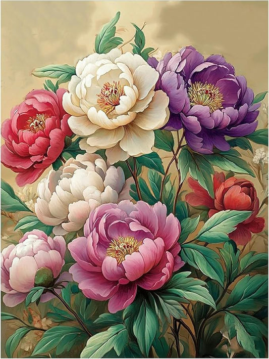 DOTZSO Flowers Peony Diamond Painting Kits for Adults, Easy DIY 5D Round Full Drill Diamond Art kit Diamond Dot Crystal Gem Art and Craft for Beginners Home Wall Decor 12x16 Inches