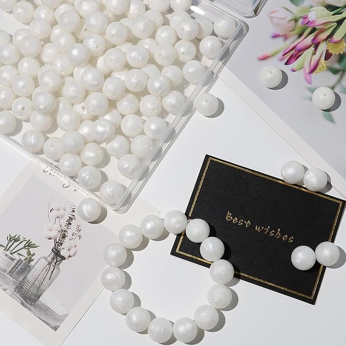 120pcs Richbunnys 15mm Bulk Silicone Beads for Pens and Keychain Making,Large Bead for Necklace and Bracelets Making,Assorted Rubber Beads Set（Pearlescent Snow）