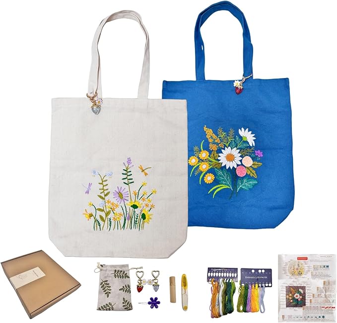 Speedura Embroidery Kit for Beginners – Dual Canvas Tote Bags with Floral Cross Stitch Patterns | Complete Needlepoint Set Includes Hoops, Threads & Step-by-Step Video Tutorial (Beige & Blue Set)