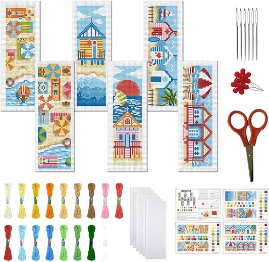 FREEBLOSS 6 PCS Cross Stitch Bookmark Kits for Beginner Summer Beach Scenery Stamped Cross Stitch Kit DIY Embroidery Bookmark Kit with Instructions 8'' x 2.4''