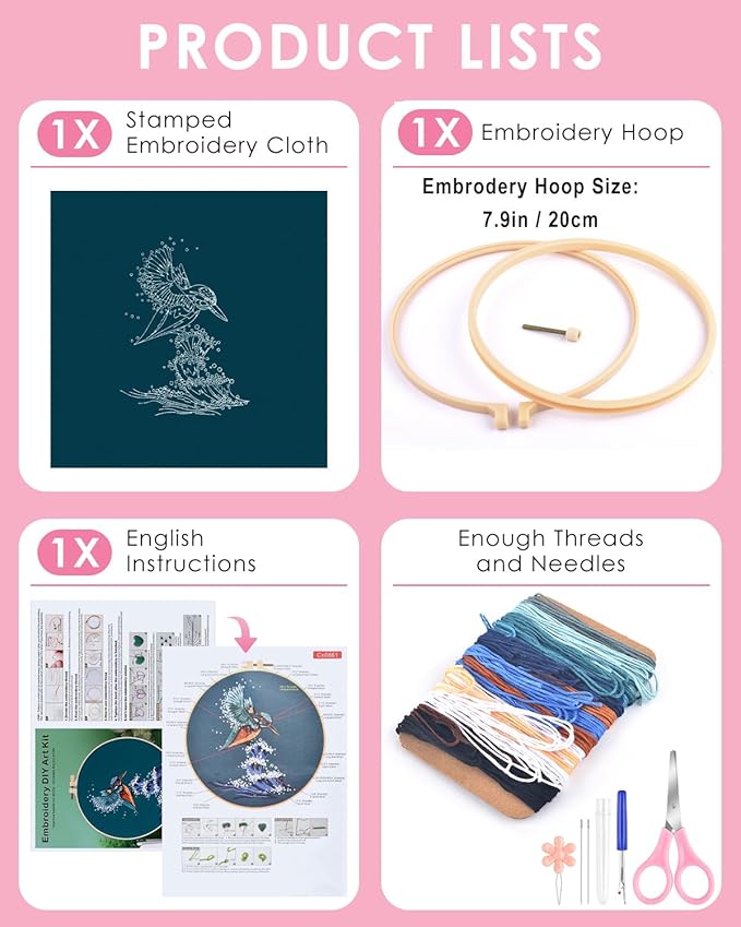 TINDTOP Embroidery Kit for Beginners Adult, Kingfisher Embroidery Kit for Beginners Include Embroidery Cloth Hoops Threads for Craft Lover Hand Stitch with Embroidery Skill Techniques