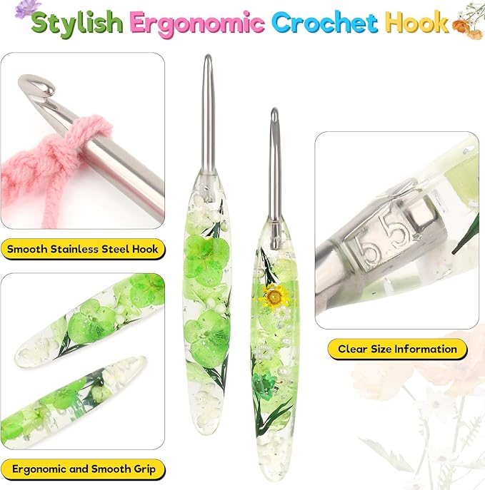Katech 5.5mm Crochet Hook for Arthritic Hands, Hand-Polished Stainless Steel Ergonomic Crochet Hooks with Customized Sparkle Dried Floral Grip, Soft Tapered Hook-Crochet Gift for Beginner & Crocheter