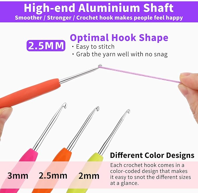 Iuuidu 3PCS Crochet Hooks, Ergonomic Handle Crochet Hooks for Arthritic Hands 3Size, Extra Long Crochet Needles for Beginners, Comfortable Smooth Knitting Needles for Handmade DIY Multicolor