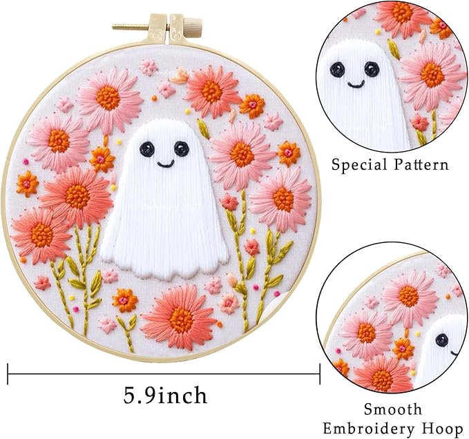 LB Christmas Thanksgiving Embroidery Kit for Adults & Beginners - 4 Piece Halloween DIY Cross Stitch Starter Kit with Ghost, Pumpkin, Floral Designs (Pink/Orange), Hoop, Threads, Needles