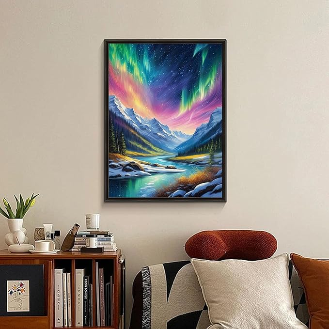 Aurora Diamond Art Kits for Adults, Snowy Mountains Lake Scenery Diamond Painting Kit for Adults Beginners, 5D DIY Diamond Painting with Round Gem Art Kits for Home Wall Decor 12x16 Inch