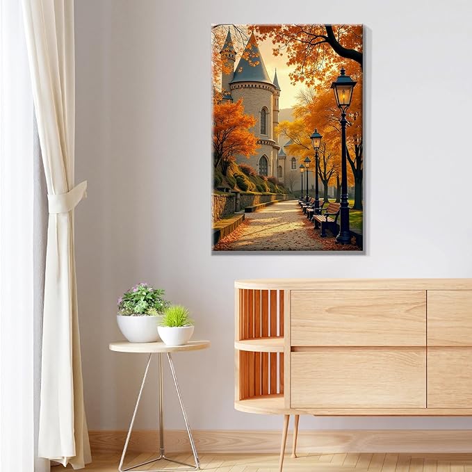 JOOZ Paint by Numbers Kit for Adults with Frame Autumn Landscape Paint by Number with Easel Castle Adult Paint by Number Kits Framed Canvas Fall Leaves Oil Painting Kits for Home Wall Decor 8x12 Inch