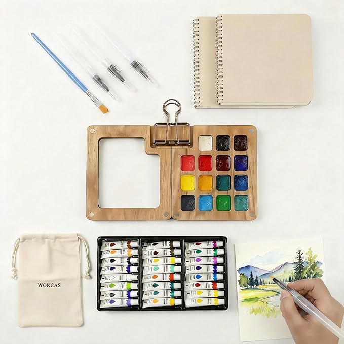 Mini Watercolor Paint Set - Mini Paint Palette Travel Kit, Portable Artist Palette Sets with 24 Colours, 2 Books, Pens, Binder Clips, Storage Bag, Watercolor Travel Kit for Beginners, Artists & Painting Enthusiasts (15 Grids)