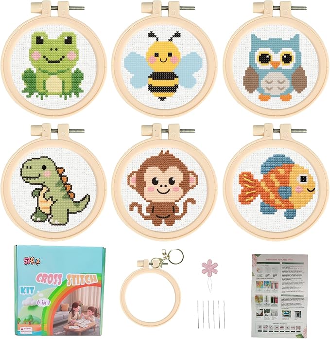 57lilina Cross Stitch Kits for Kids - 6 Set Easy Beginners Embroidery Kit for Kids, DIY Cute Pre Printed Stamped Crossstitch Needlepoint Patterns Craft for Backpack Charms, Keychains & Girls Gifts