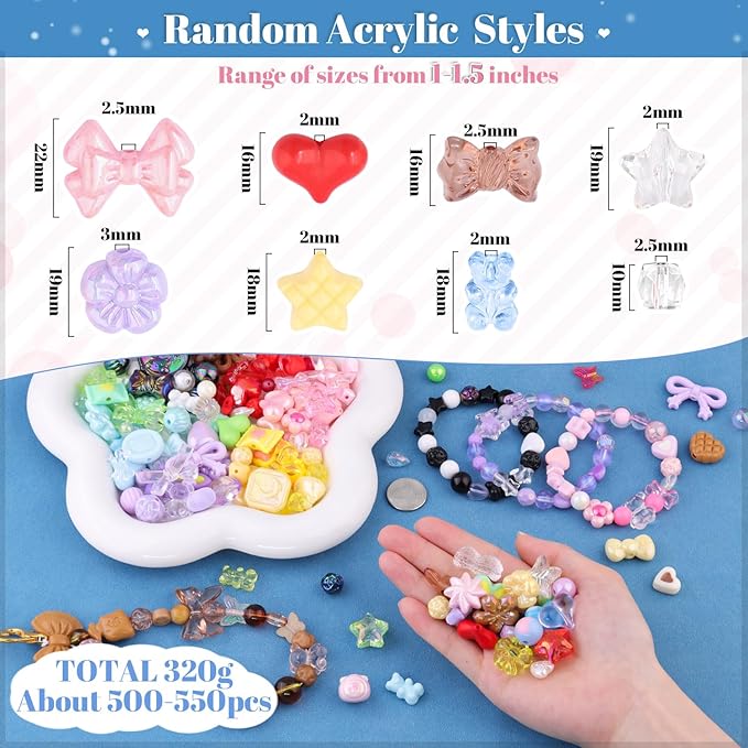 500-550PCS TINKRSTUFF Assorted Acrylic Beads,Mixed Cute Beads for Bracelet Making, Aesthetic Butterfly GummyBear Star Flower Bow Kawaii Charms for Jewelry Necklace Making DIY Keychain Phone Charm