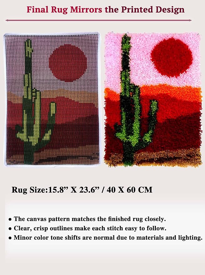 Beginner Latch Hook Kits for Adults & Kids - Pre-Printed Color Canvas Rug Making Set, Anti-Slip Backing, 2 Hooks, Yarn Labeled by Letters - DIY Craft for Home Decor, Gift23.6''x15.8'' (Desert Charm)