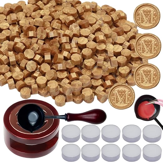 Wax Seal Kit with Warmer, ONWINPOR 400pcs Gold Sealing Wax Beads, Non-Slip Spoon, Candles for Envelopes, Stamp Letter Seal,Wedding Invitations (Gold)