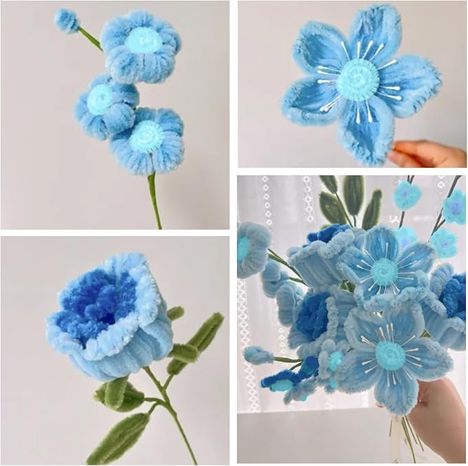 Peryiter 371 Pipe Cleaners Flowers Set, Mixed Colors Chenille Stems Bulk with Floral Wires, Gardening Tape, Stamen for DIY Flower Making Kit, Gift Idea for Mother's Day(Blue)