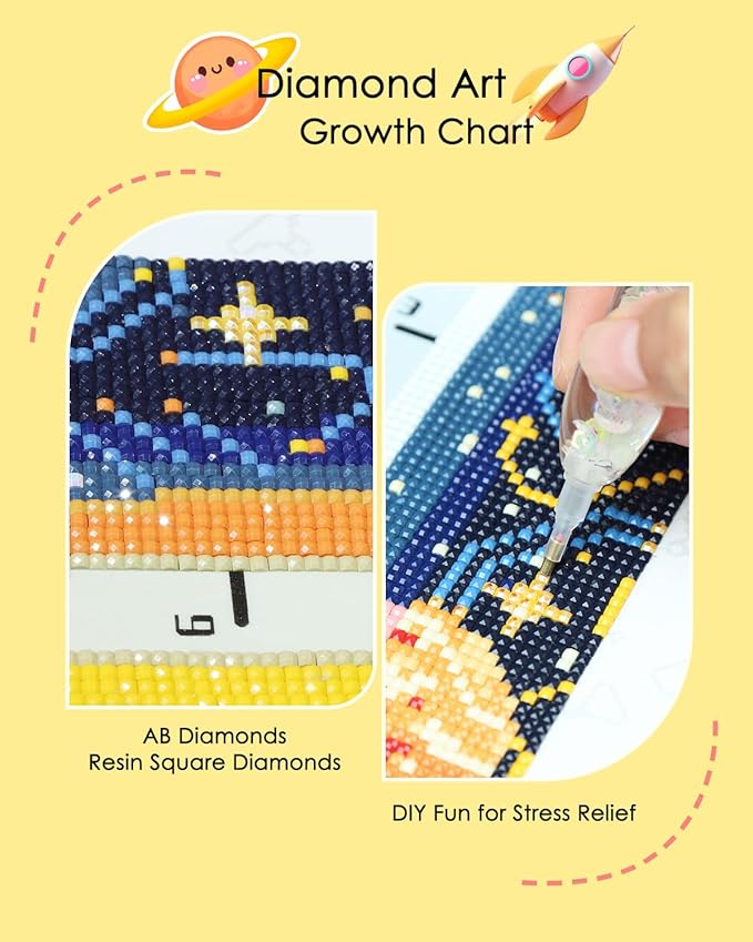 ForeverYoung DIY Growth Chart for Wall Diamond Art Kits for Kids Diamond Painting Kits for Adults, Square Drill Diamond Painting Kit, Gem Art Kit with Diamond Dots, Rocket Height Chart 52.3 x 5.1 Inch