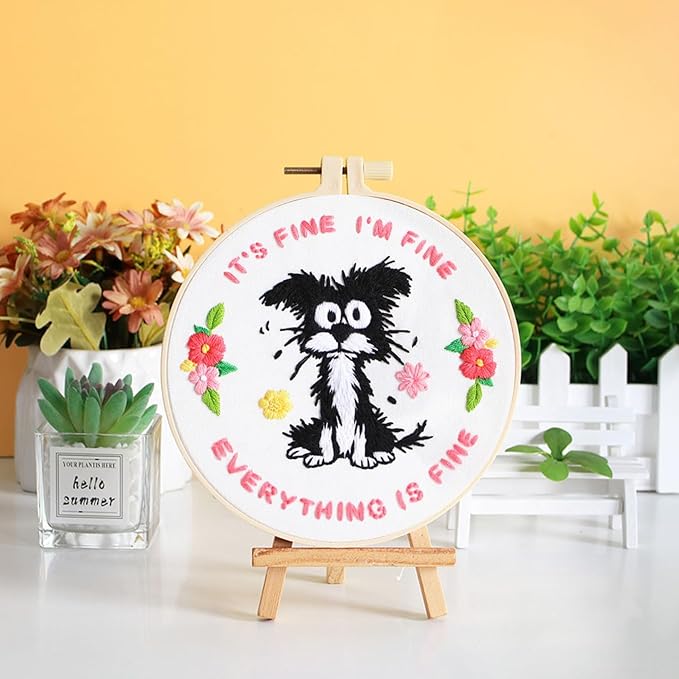 Louise Maelys Funny Dog Embroidery Kits for Beginners,Cross Stitch Kit for Adults,DIY Needlepoint with Cute Animal Pattern -It's Fine I'm Fine Everything is Fine