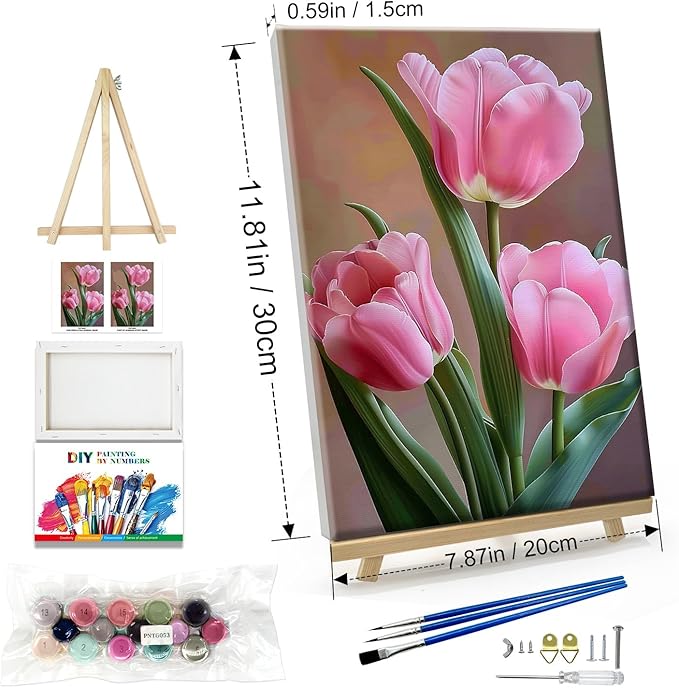 JOOZ Paint by Numbers Kit for Adults Flowers Paint by Numbers Kit with Frame DIY Tulip Paint by Number with Easel Floral Adult Paint by Number Kits Canvas for Gift Home Wall Decor 7.87x11.81 Inch
