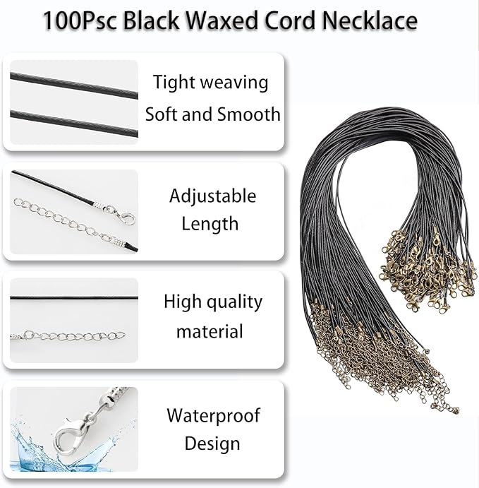 100 Pcs 18" 1.5mm Black Waxed Cord Necklace String Bracelet Faux Leather Chain Clasp Bulk for Jewelry Making Supplies Accessories