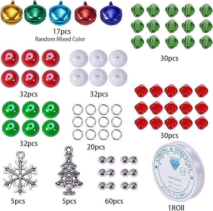 SUNNYCLUE 1 Box 263Pcs 6 Sets Christmas Adjustable Bracelet Making Kit Snowflake Christmas Tree Holiday Jingle Bells Winter Charms Red Green Beads for Jewelry Making Kits Women Adults Xmas Gifts