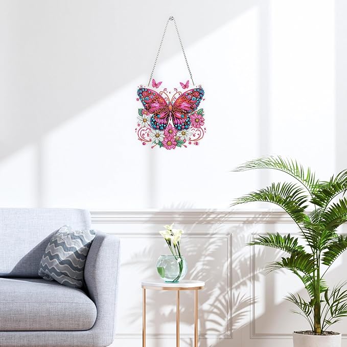 QENSPE Diamond Art Hanging Kits for Adults, 5D Pink Butterfly Special Shape Diamond Paingting Ornaments Kits with Chain, DIY Flowers Crystal Window Pendants for Home Wall Decor Double Sided 8X8 inch