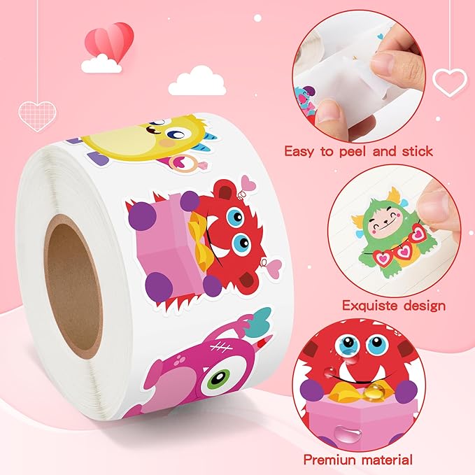 beyumi valentine colorful monster sticker - 1000pcs valentine's day cute monsters stickers in 2 rolls adhesive decorative sticker waterproof decal for greeting card envelope party gift decor for kids