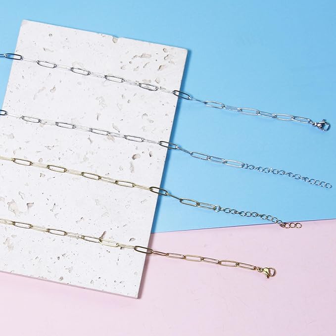 5 Pcs Paperclip Chain Necklace for Women 18 Inch Stainless Steel Silver Charm Necklace Chains Adjustable Link Chains with Lobster Clasps Polishing Cloth for DIY Women Jewelry Making Gifts Supplies