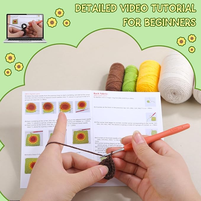 Pnytty Crochet Kit-Bag for Beginners, DIY Crochet Flower Bag Starters Craft Kniting Kits for Adults Include Crochet Yarn Hook Tools Supplies and Easy Step-by-Step Video Tutorials (Beige)