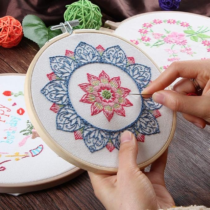 KISSBUTY Full Range of Embroidery Starter Kit with Pattern, Cross Stitch Kit Including Embroidery Fabricwith Floral Pattern, Bamboo Embroidery Hoop, Color Threads and Tools Kit (Blue Mandala)