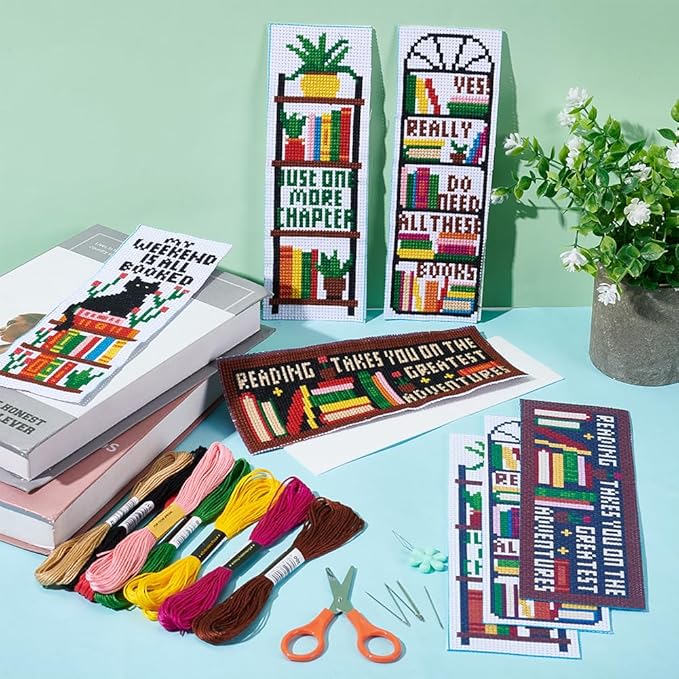 ACRNIGHEET 6PCS Cross Stitch Bookmark Kits Bookshelves Words Pattern Counted Cross Stitch Kits for Beginners Adults DIY Stamped Embroidery Bookmarks with Instructions Hand Embroidery Craft Gift