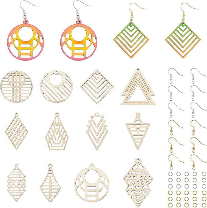 Boho Wooden Earring Making Kit 12 Styles Unfinished Natural Wood Filigree Pendants Round Rhombus Tree Arrow Kite Earring Charms with Ear Wire Jump Rings for DIY Jewelry Making