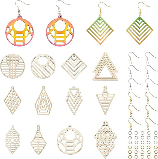 Boho Wooden Earring Making Kit 12 Styles Unfinished Natural Wood Filigree Pendants Round Rhombus Tree Arrow Kite Earring Charms with Ear Wire Jump Rings for DIY Jewelry Making