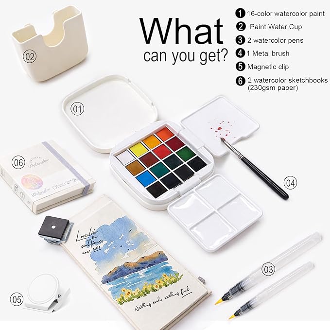 Mini Travel Watercolor Paint Set - Small Pocket Water Colors Paint Set with 16 Colors, Sketchbook, Brush, Clip, Portable Painting Art Kit for Adult, Beginners, Artists & Painting Enthusiasts