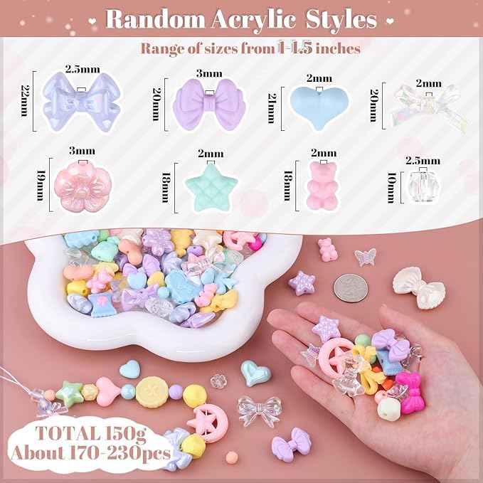 200-260pcs tinkrstuff assorted acrylic beads macaroon color cute beads for bracelet making, bow aesthetic gummybear candy butterfly kawaii charms for jewelry making diy necklace keychain phone charm