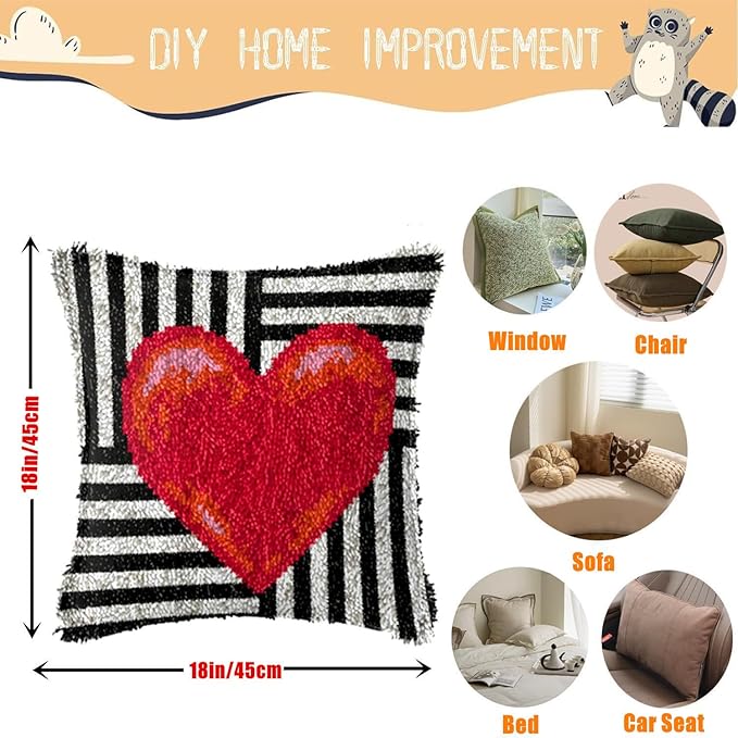 EMISTEM Latch Hook Kits for Adults - Latch Hook Pillow Kits, Crochet Yarn Kit for Beginners, DIY Needlework Crafts Cover Case with Printed Canvas, Gift Packaging. (Red Love,17x17 inch)
