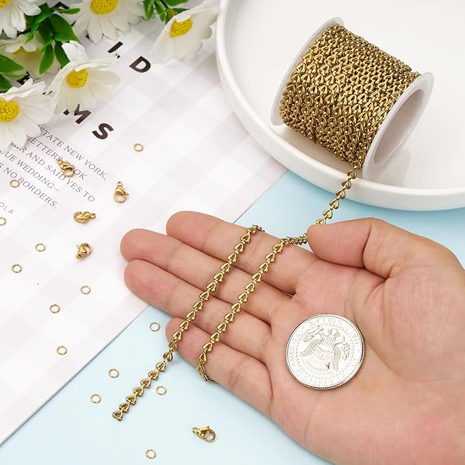 Kyutong 5M/16.4FT Stainless Steel Jewelry Making Supplies Gold Plated Chains Bulk Hollow Heart Chain Links on Spool with Lobster Clasps Jump Rings
