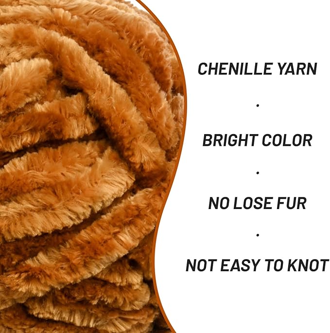 Fuzzy Chunky Chenille Yarn for Crocheting，Soft Plush Yarns for Hand Knitting，Bulky 3x100g（3x49.2 yd） Baby Blanket Yarn for Crocheting Amigurumi，Crochet Fluffy Velvet Yarns (3 Brown)