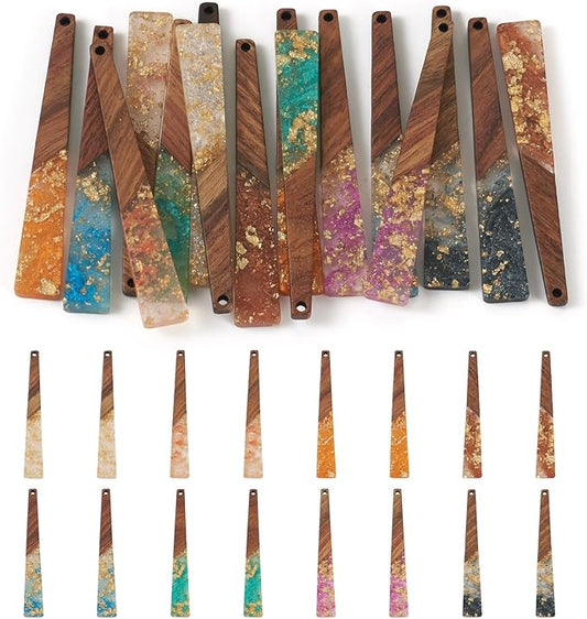 Beadthoven Colorful Resin Wood Charms for Earrings, 16Pcs/8 Pairs Glittery Silver Gold Foil Hanging Wooden Pendants Transparent Long Bar Pendants for Jewelry Making Necklace DIY Crafts