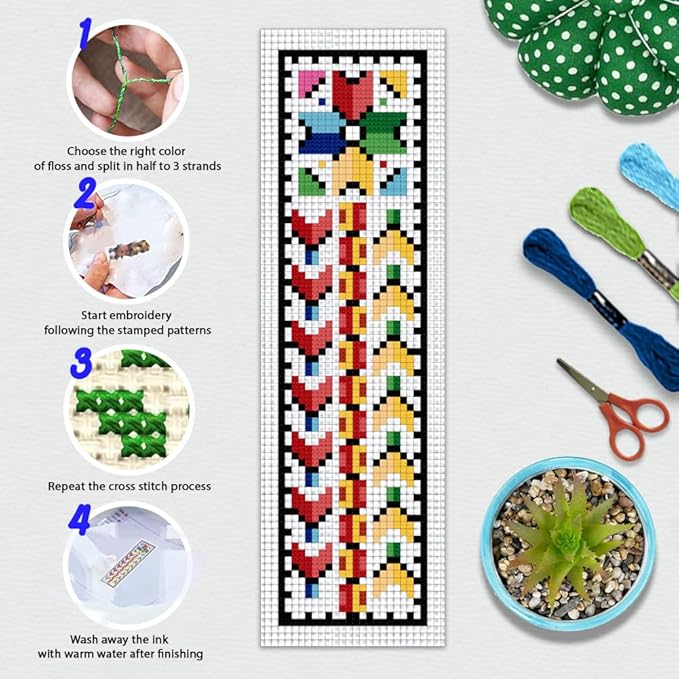 BEUNITONE Cross Stitch Bookmark Kits 6 Pcs Traditional Decorative Patterns Counted Cross Stitch Kit Hand Stamped Embroidery Kit for Beginners Floral Fabric Bookmark Making Kit DIY 8''x2.4''